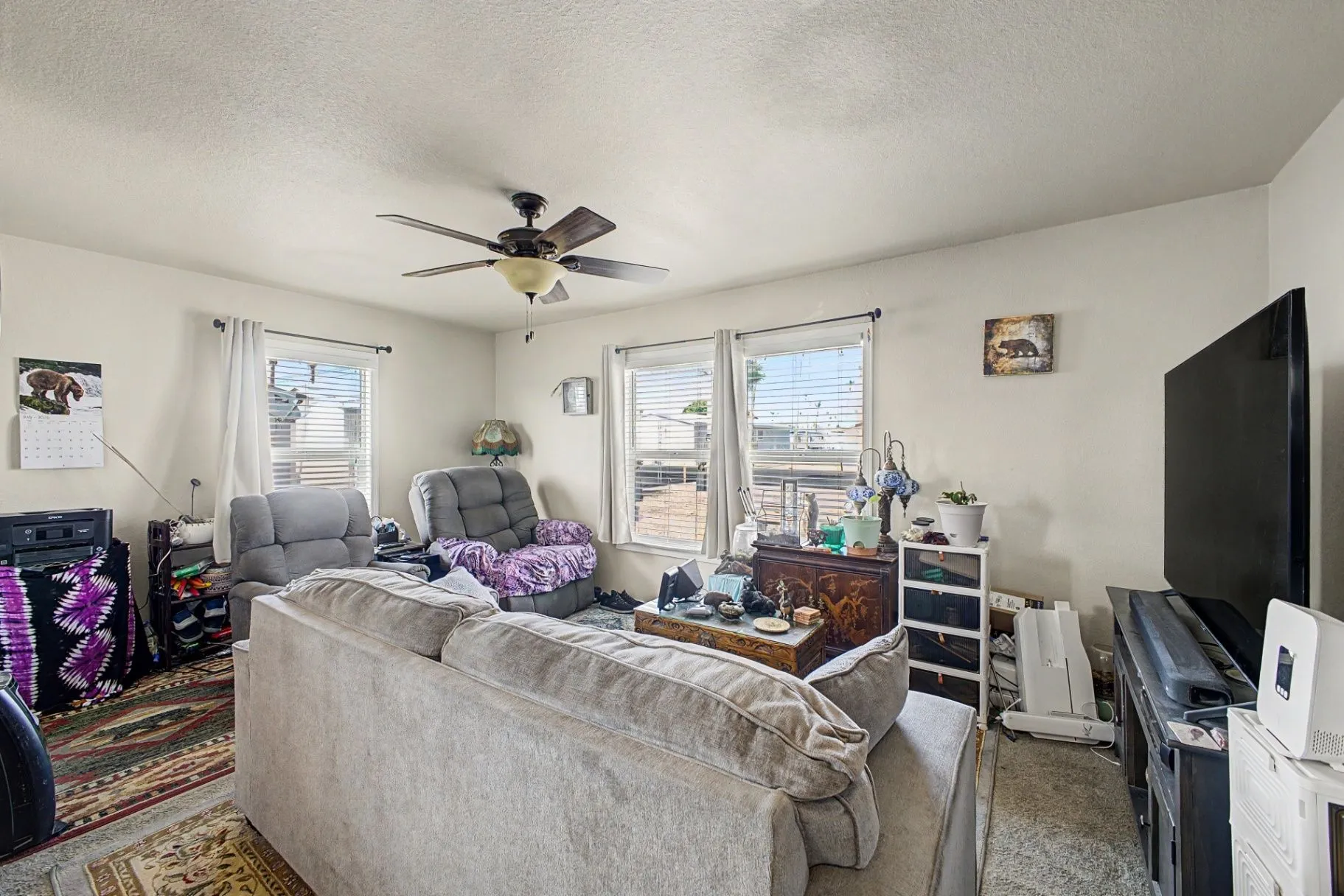 Living room with seating, ceiling fan, windows, and television
